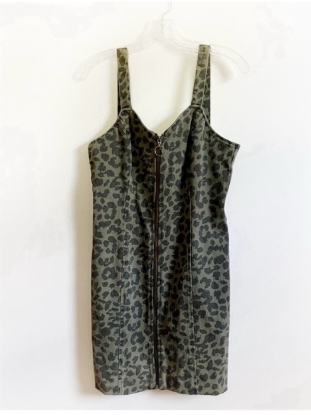 She + Sky jumper olive green brown cheetah print denim sleeveless zip up
